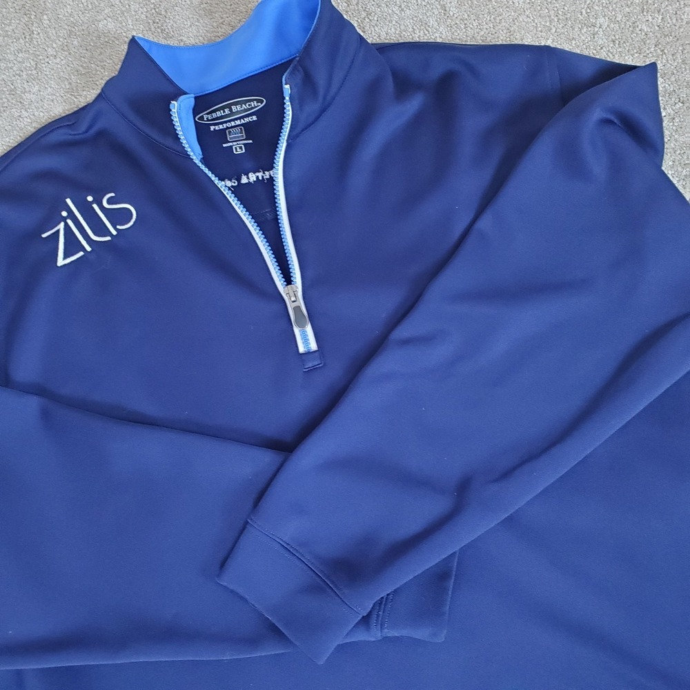 PEBBLE BEACH Men's 1/4 Zip Pullover Long Sleeve Blue‎ EMBROIDERED THE WORD ZILIS
